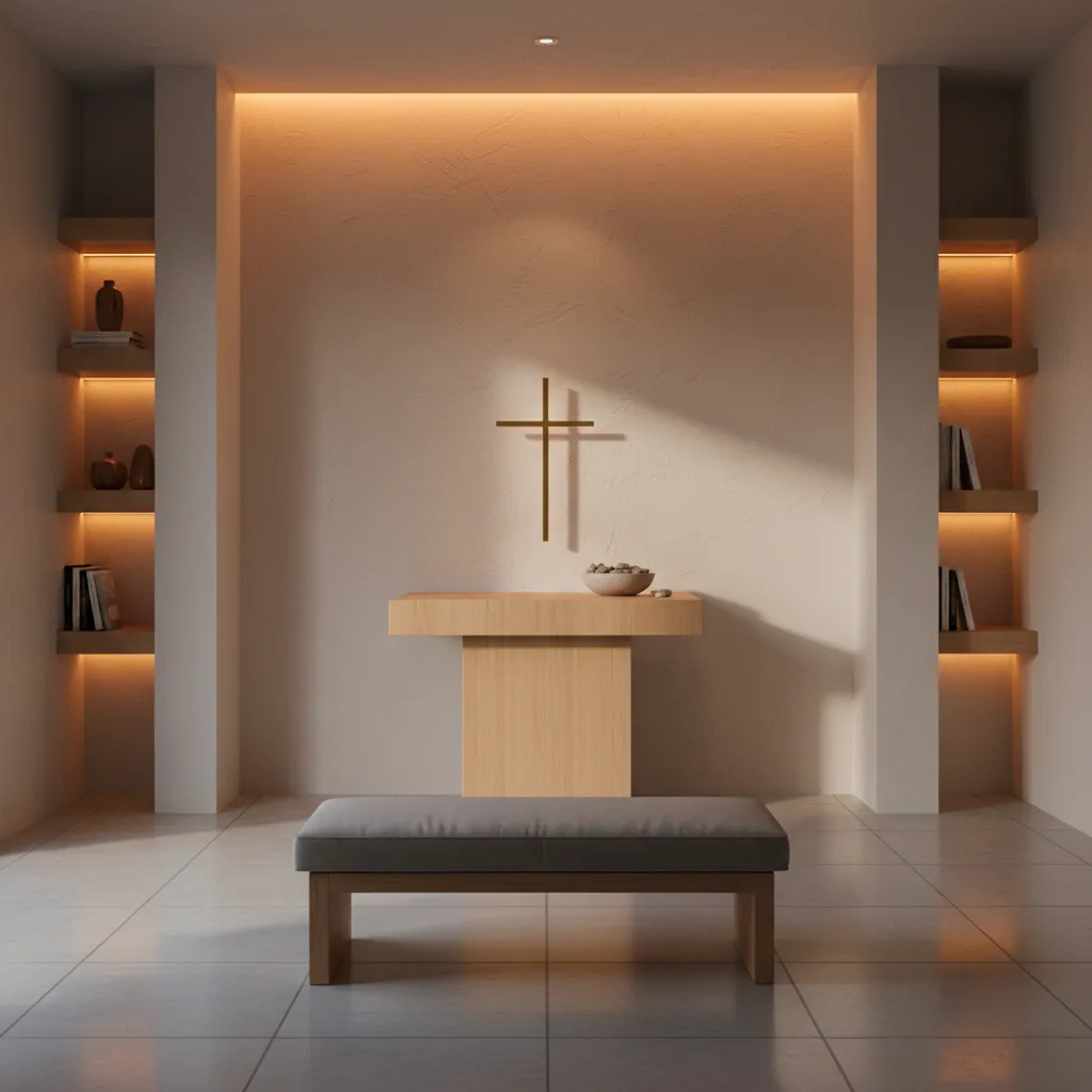 Iluminación cálida resaltando el altar de una capilla doméstica