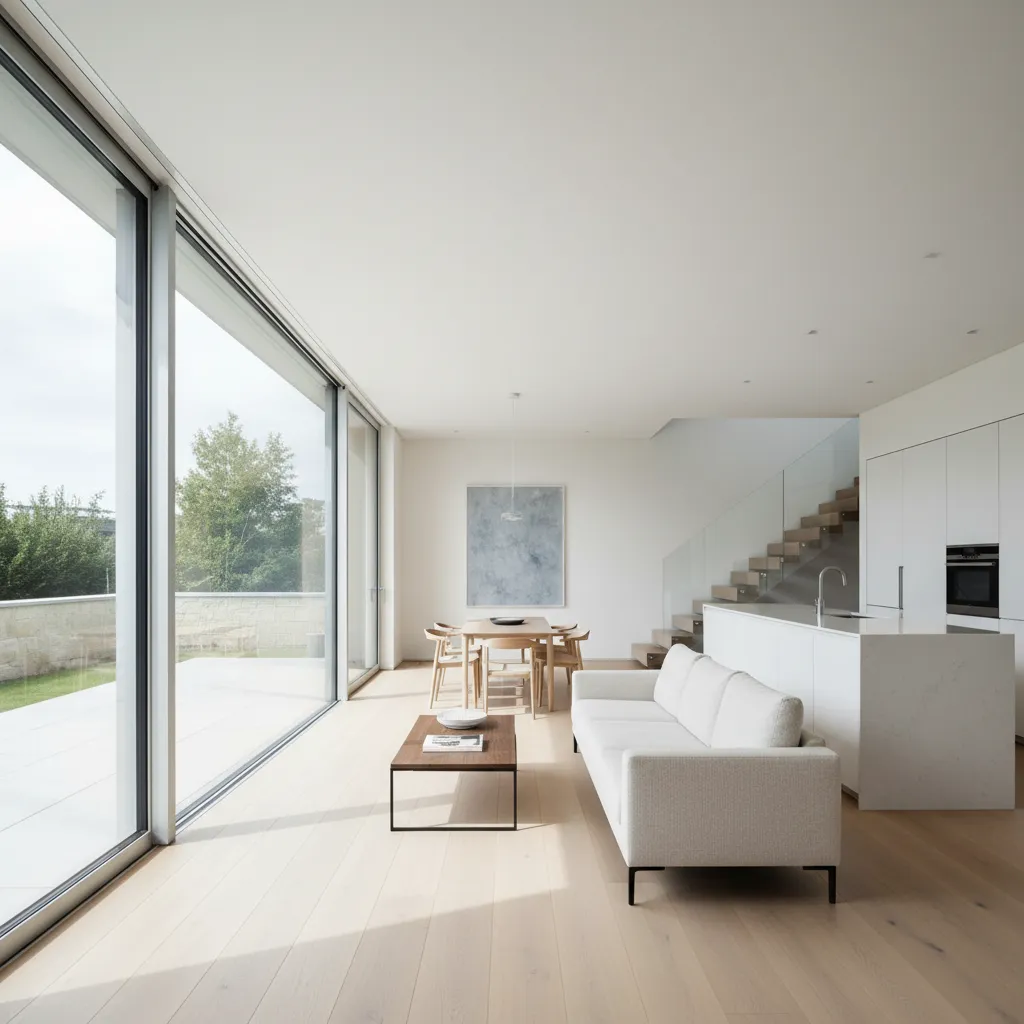 Interior de casa alargada con iluminación natural y puertas de vidrio