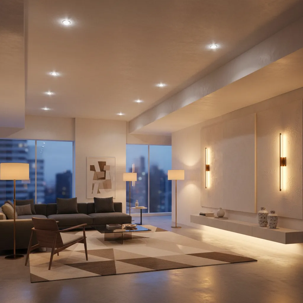 Interior amplio con iluminación en capas y diferentes lámparas
