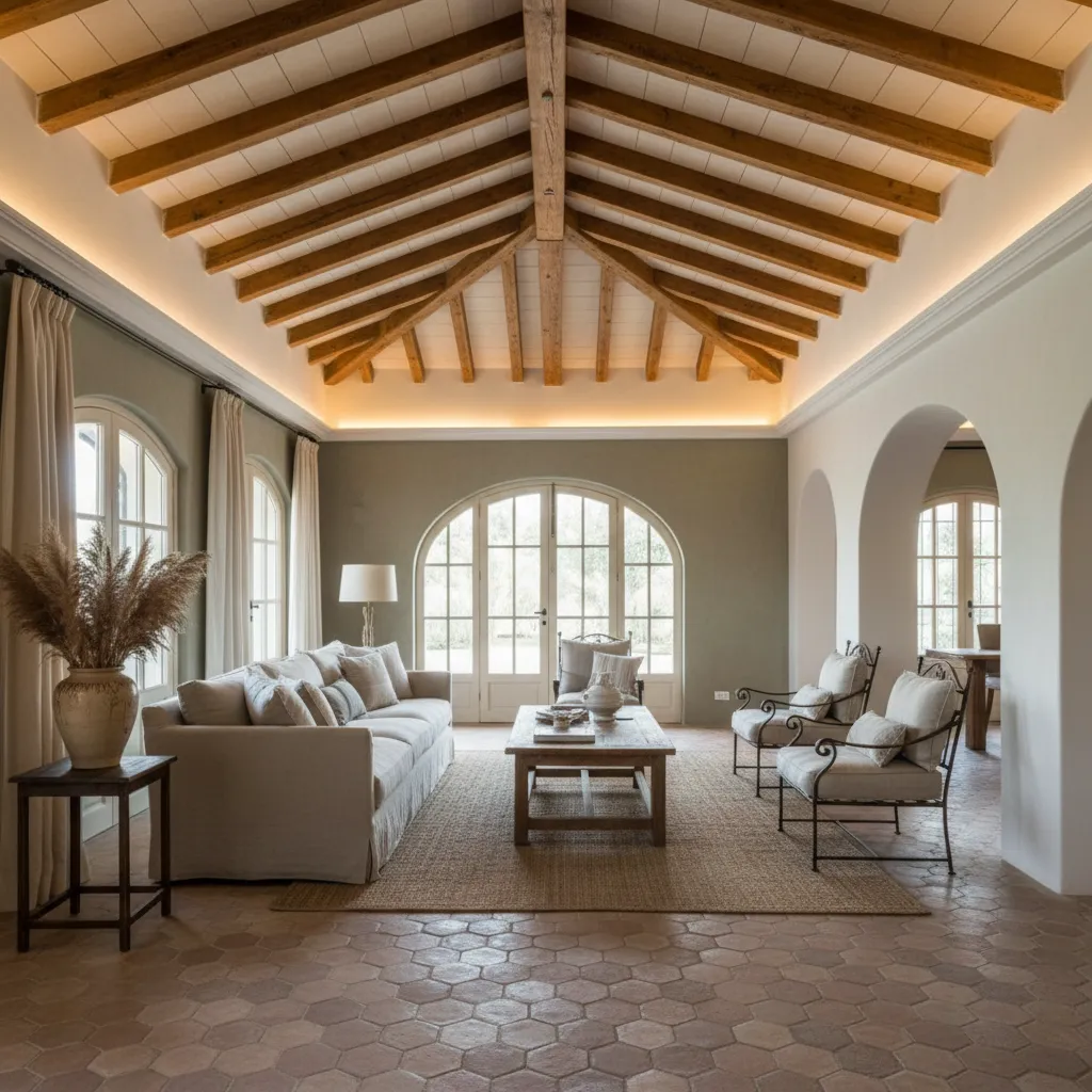 Interior de vivienda mediterránea con iluminación cálida y techos altos