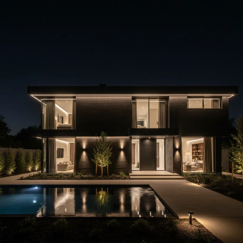 Casa negra iluminada por la noche con iluminación arquitectónica