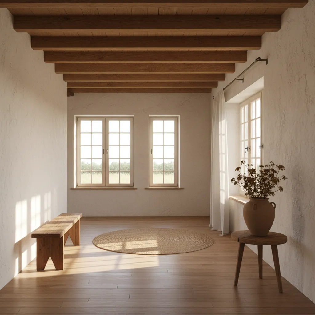 Interior de casa de pueblo bien iluminado con tonos claros