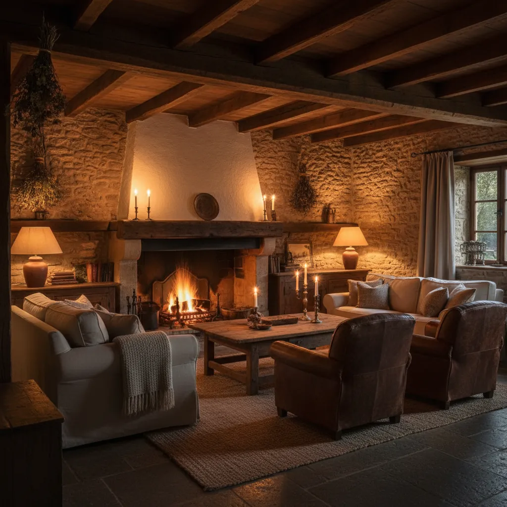 Iluminación cálida resaltando texturas de madera y piedra