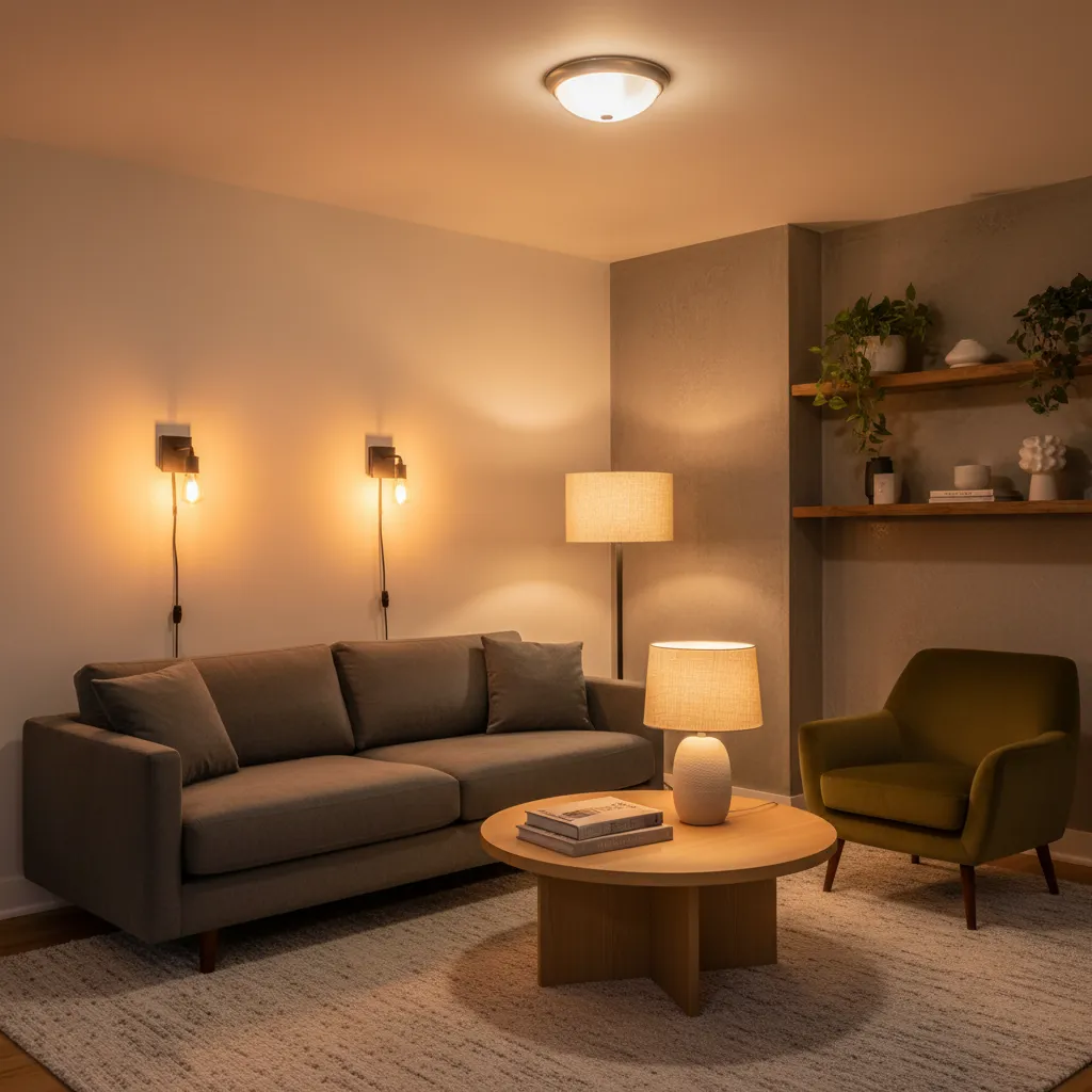 Living room with grey sofa green chair round coffee table wall light and floor lamp