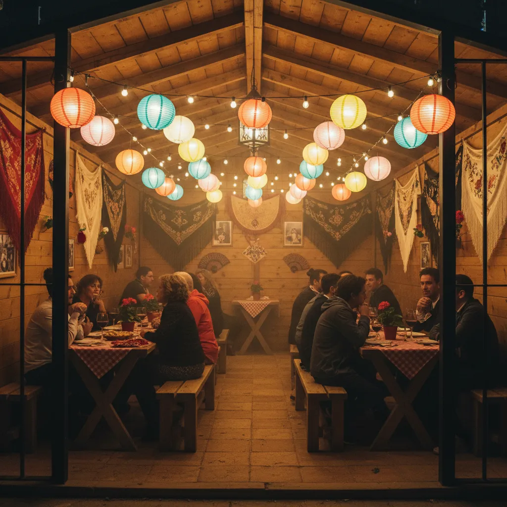 Farolillos y guirnaldas iluminando el interior de una caseta de feria por la noche