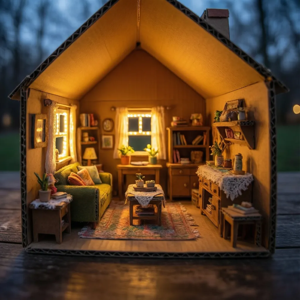 Casita de cartón iluminada con pequeñas luces LED