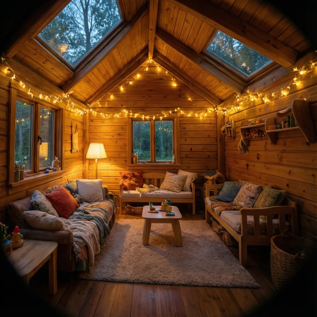 Casita infantil iluminada con guirnaldas de luces cálidas