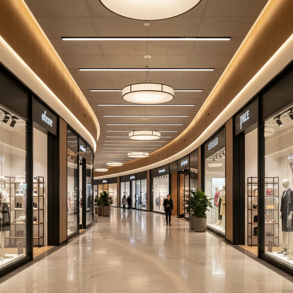 Centro comercial con iluminación estratégica destacando escaparates