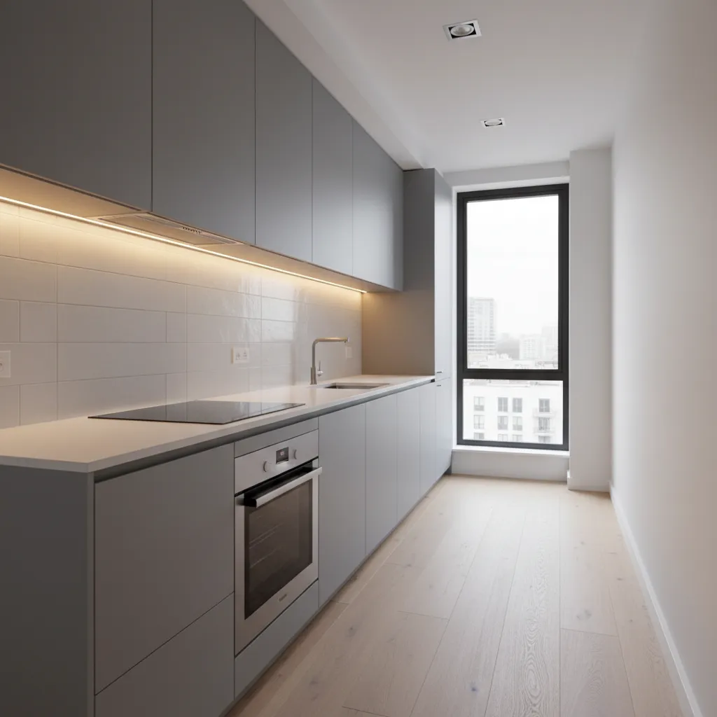 Cocina larga con iluminación LED continua bajo muebles