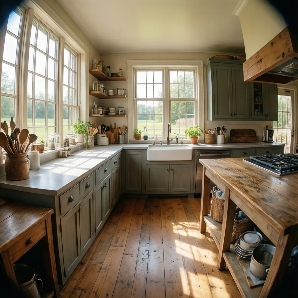 Country style kitchen with green cabinets wood flooring large windows and central wooden island table