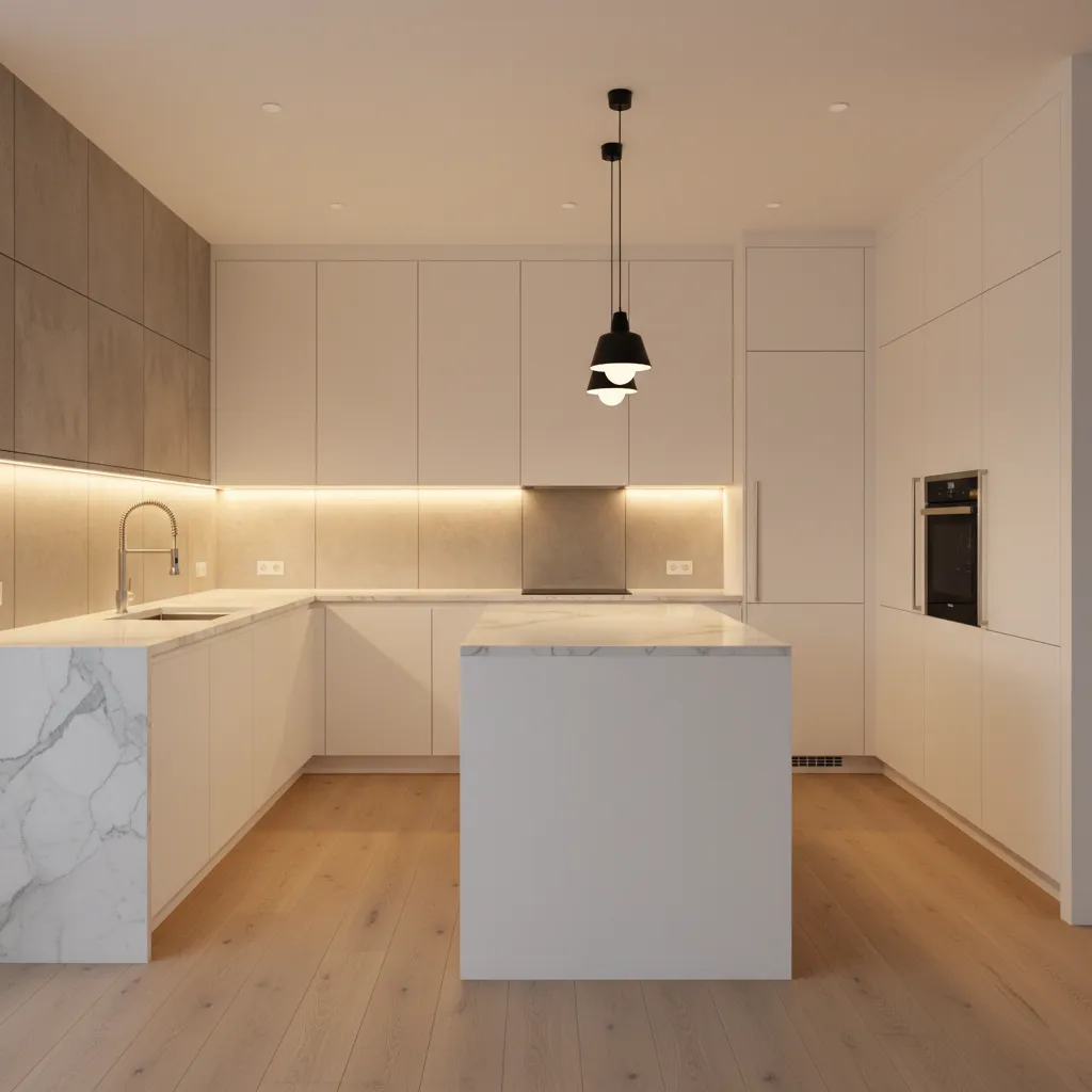 Cocina moderna con iluminación bajo muebles y luz funcional