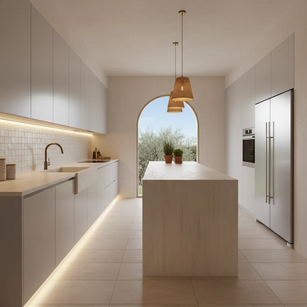 Cocina moderna con iluminación LED bajo muebles superiores