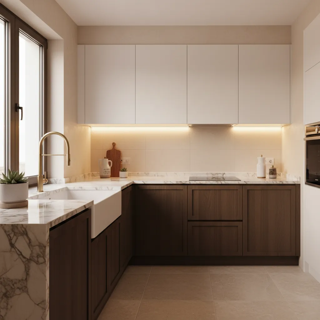 Iluminación LED bajo muebles de cocina iluminando la encimera