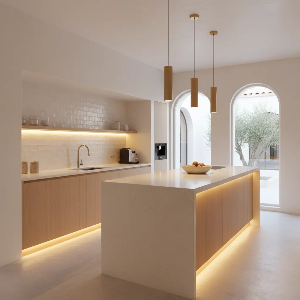 Cocina moderna con iluminación LED bajo muebles altos