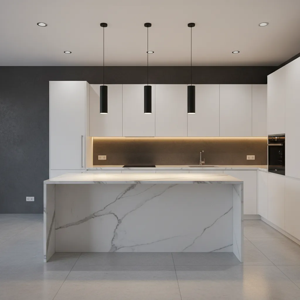 Cocina moderna con iluminación bajo muebles y focos sobre la isla