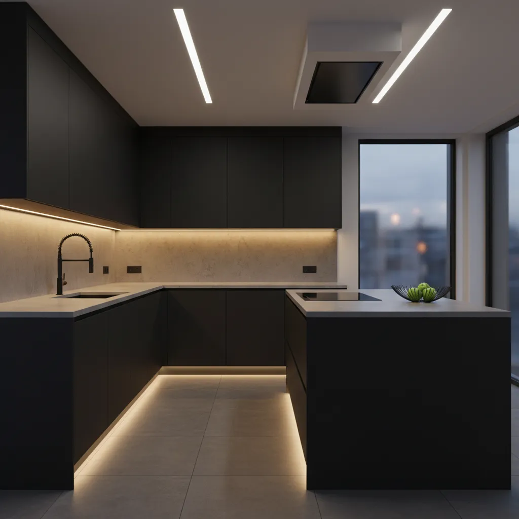 Cocina negra con iluminación bajo muebles y luz cálida