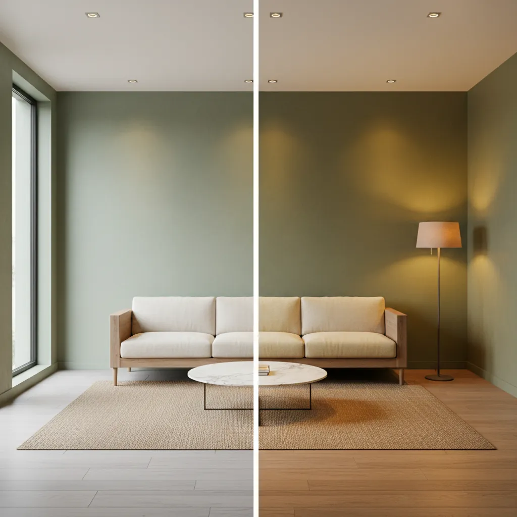 Habitación mostrando cómo cambia el color de una pared con diferentes tipos de iluminación