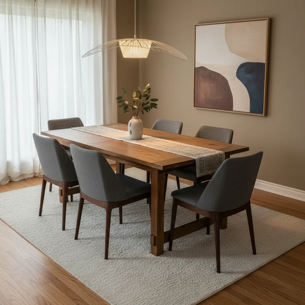 Lámpara colgante centrada sobre una mesa de comedor