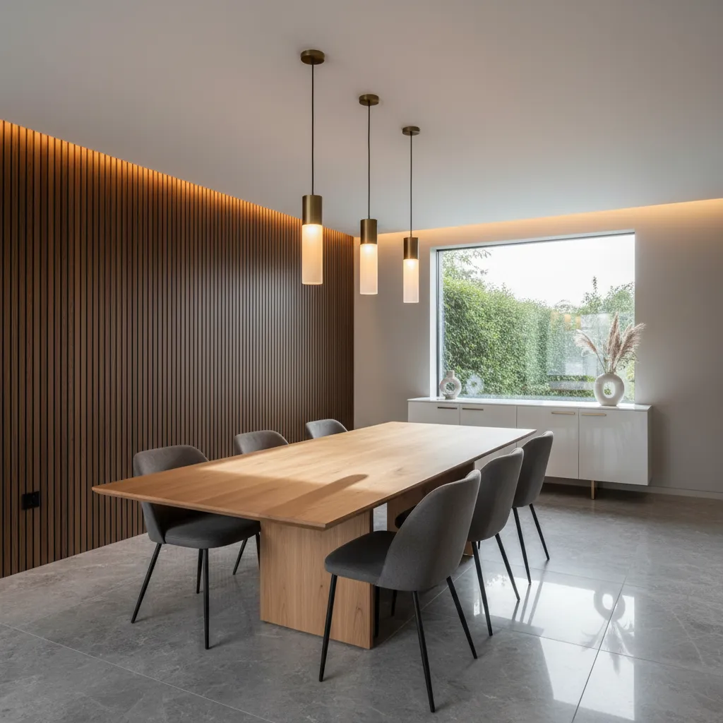 Modern dining room with long wooden table, grey chairs, three ceiling lights, and wall panels