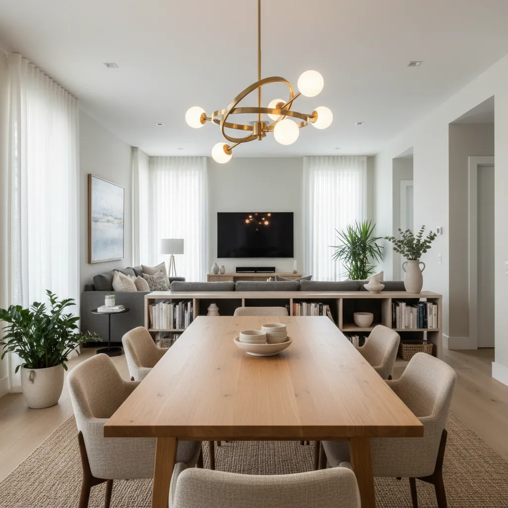 Mesa de comedor con lámpara colgante destacando la zona