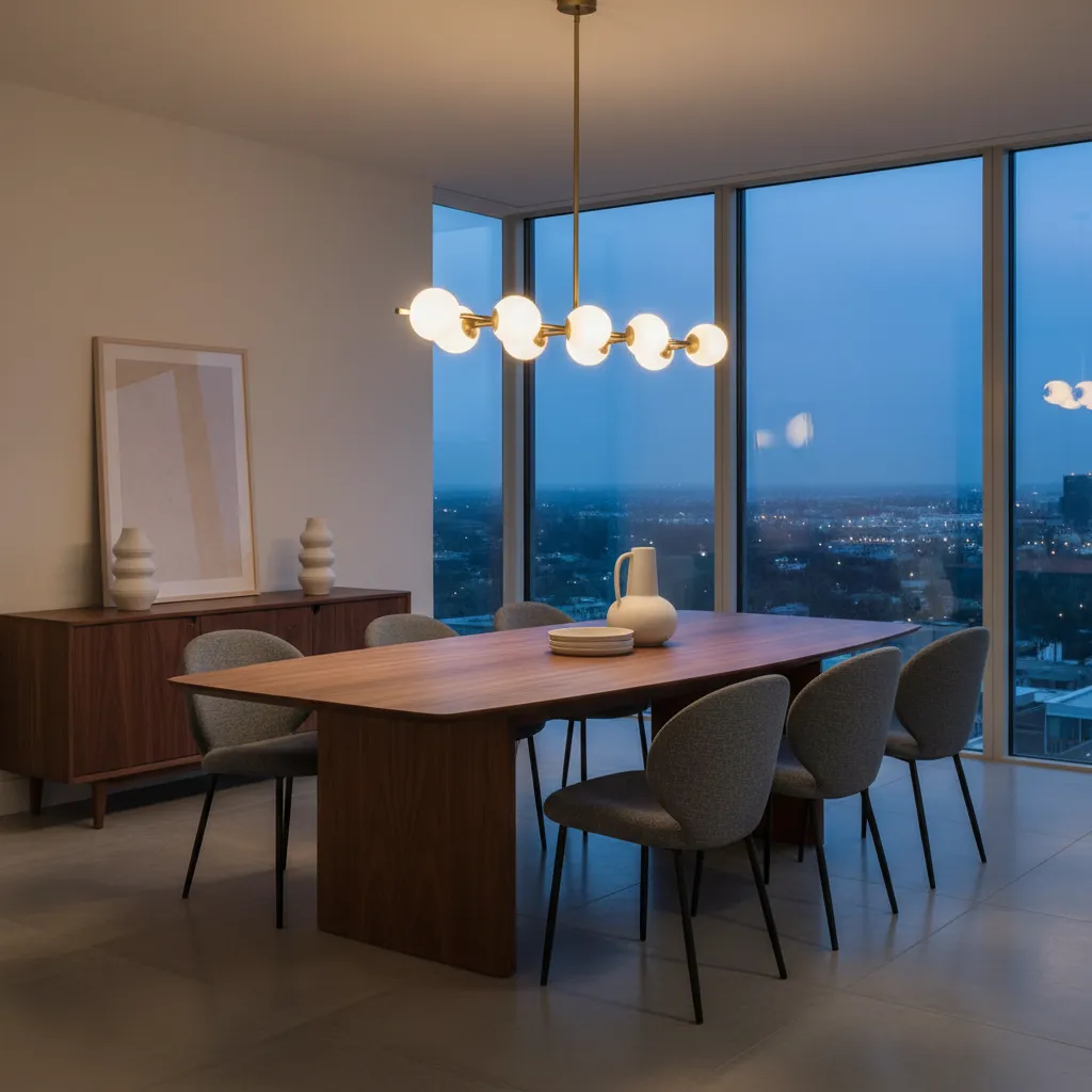 Lámpara colgante centrada sobre una mesa de comedor moderna