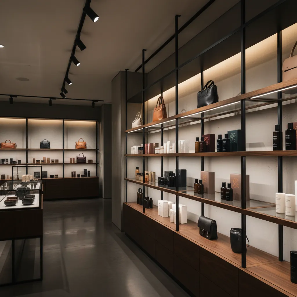 Modern retail shop with wooden shelves, black metal frames, leather bags, and premium skincare items