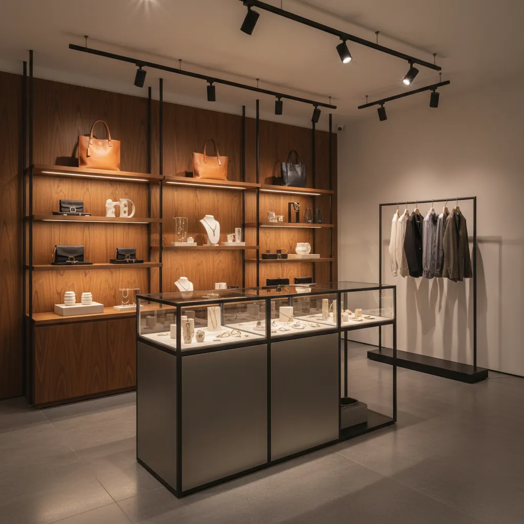 Modern retail store featuring wooden shelves glass display case hanging clothes and black ceiling lights