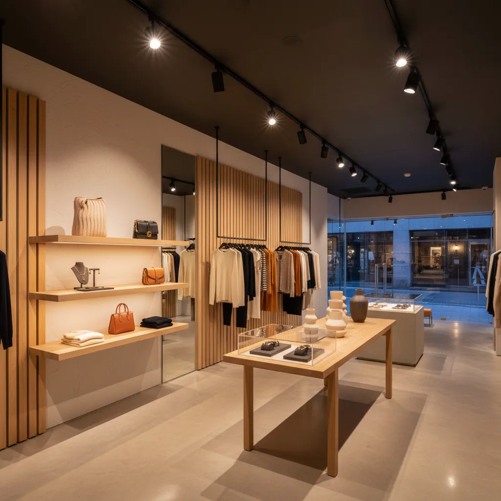 Modern clothing store with black ceiling lights wooden shelves hanging clothes and central wooden table