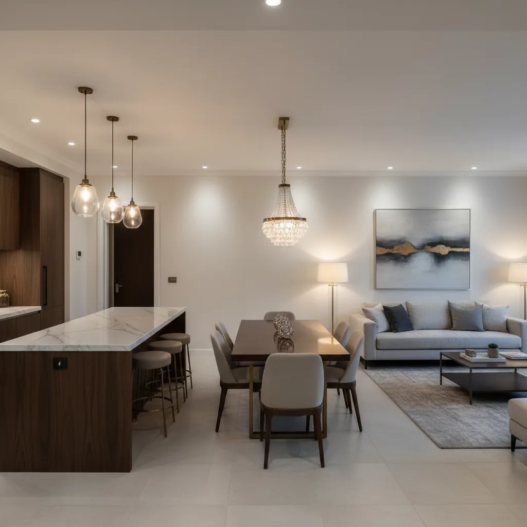 Modern open plan space with marble kitchen island dark wood dining table and ceiling light