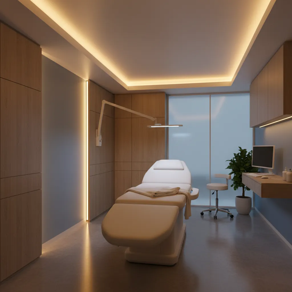 Medical exam room interior with warm ceiling light, wood wall panel, treatment bed, and desk