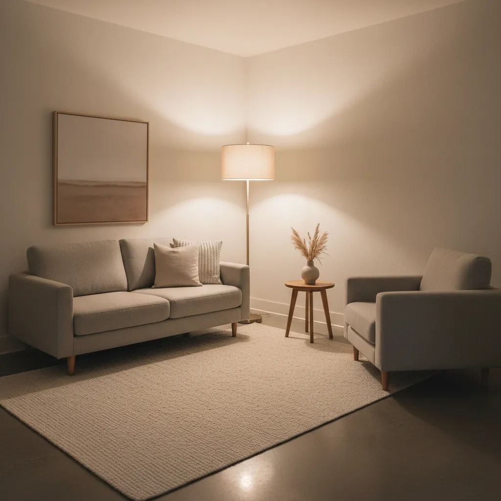 Consultorio psicológico con iluminación cálida indirecta