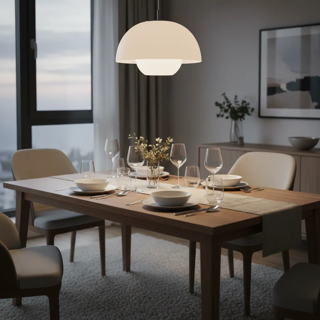 Lámpara colgante centrada sobre una mesa de comedor