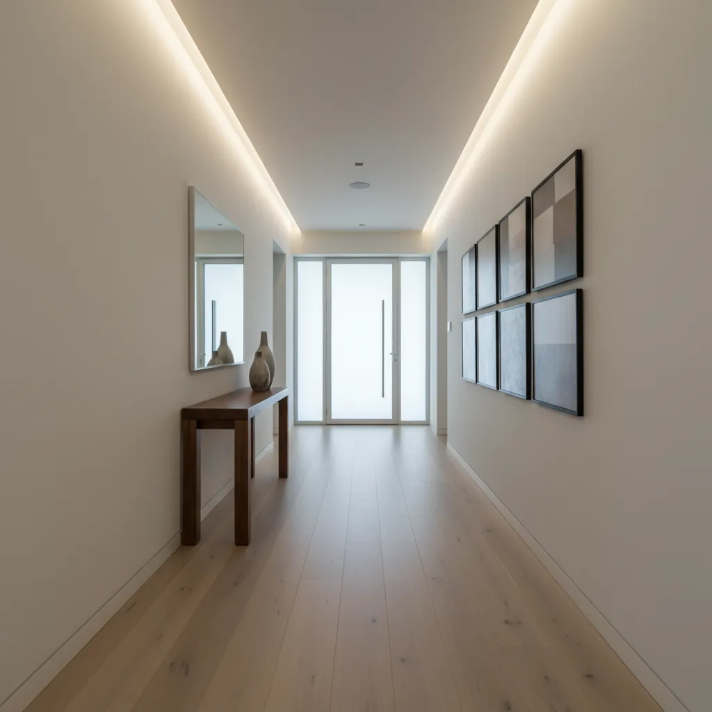 Pasillo moderno con iluminación LED indirecta en el techo