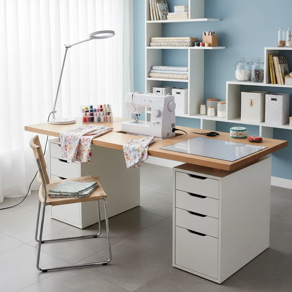 Iluminación adecuada en mesa de costura con lámpara articulada