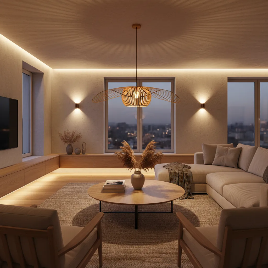 Modern living room with large windows warm ceiling light beige sofa and round wooden table