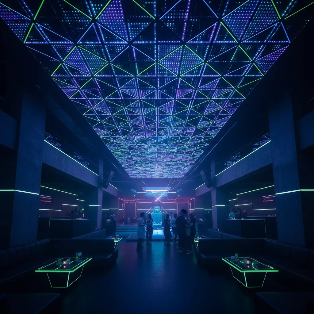 Sistema de iluminación LED en techo de discoteca