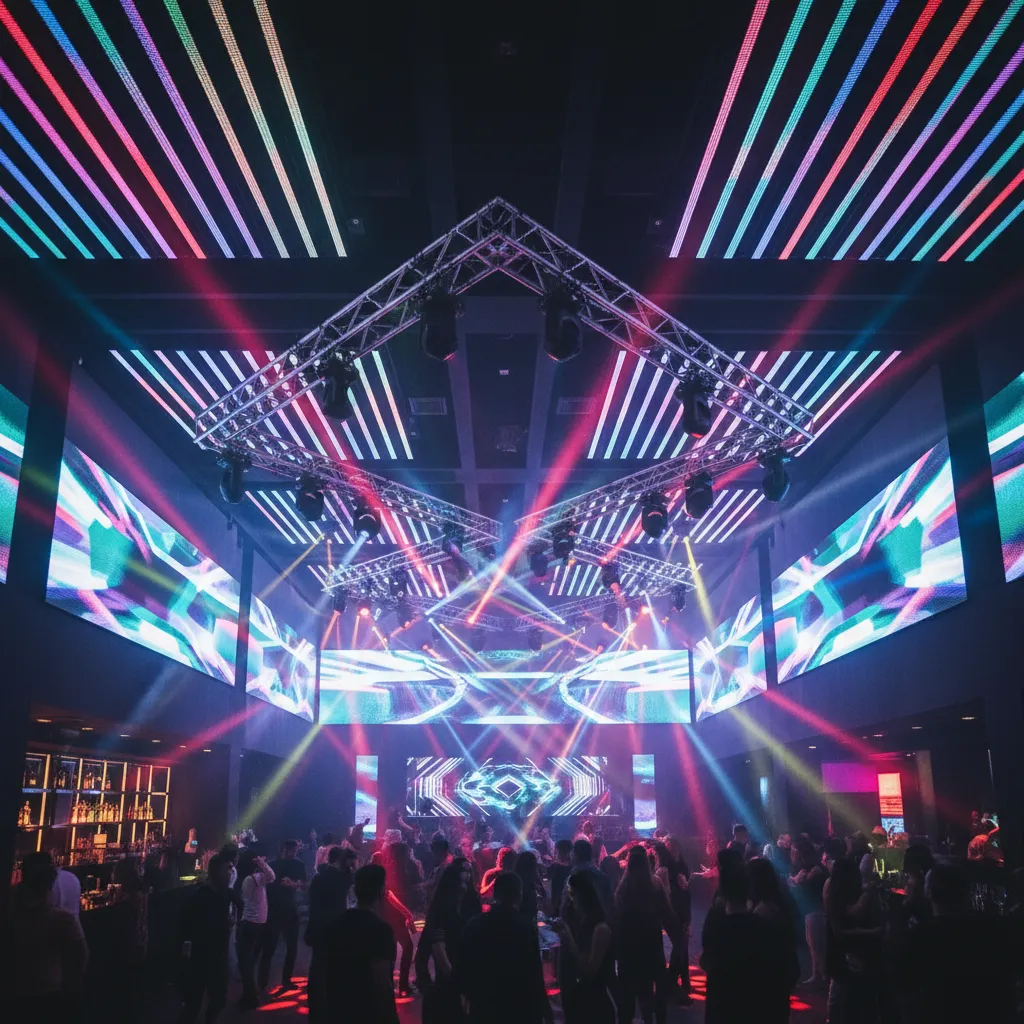 Sistema de iluminación LED dinámico en una discoteca moderna