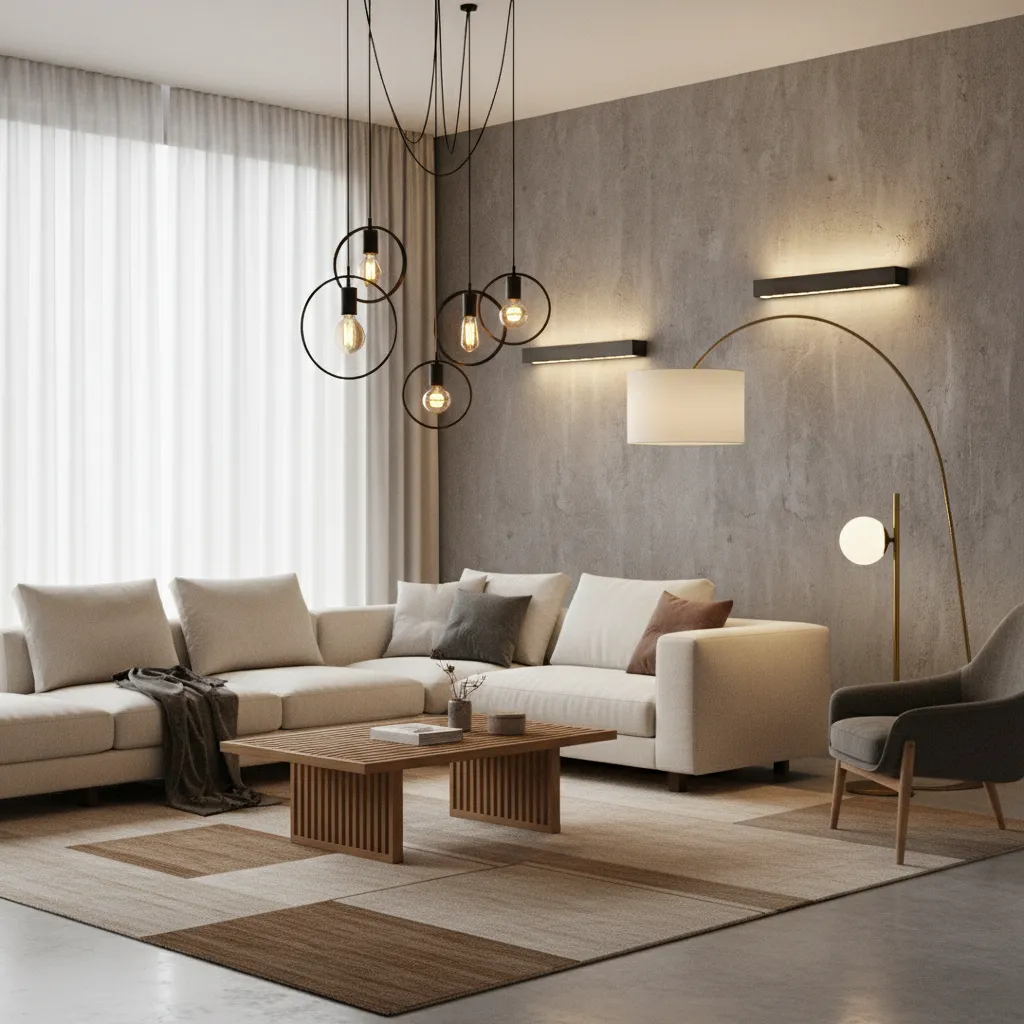 Modern living room with cream sofa wooden coffee table gray wall and several light fixtures