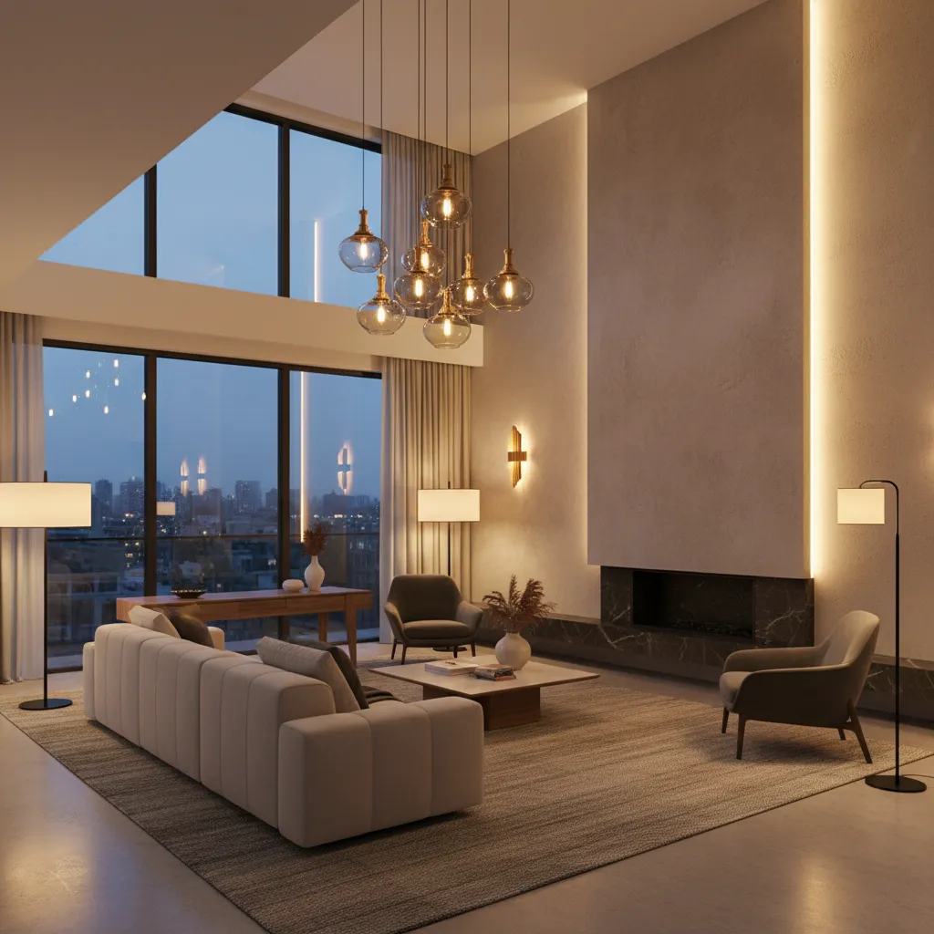 Modern living room with high ceiling grey sofa fireplace glass ball ceiling light and windows
