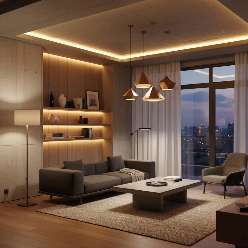 Coohom interior design drawing showing warm living room with sofa, coffee table, and ceiling lights