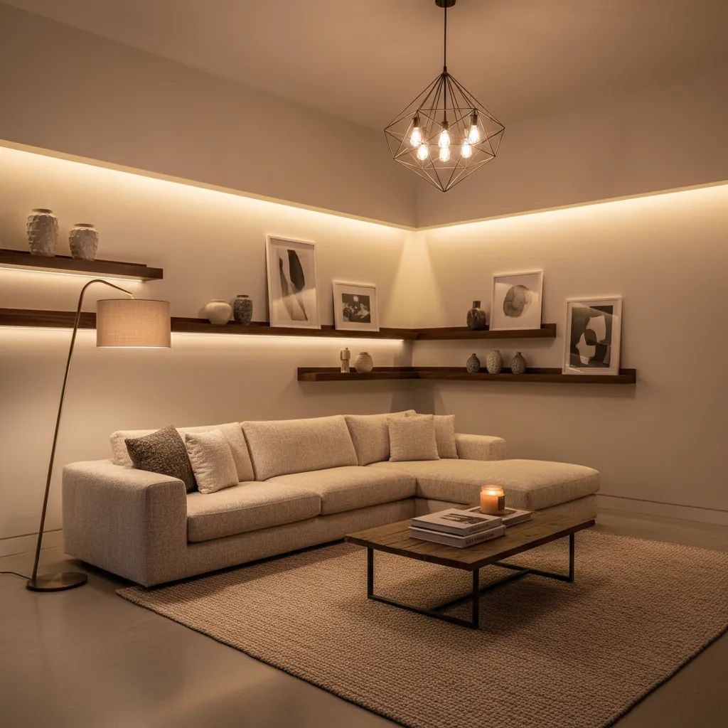 Cozy living room with large sofa geometric ceiling light floor lamp and warm shelf lighting