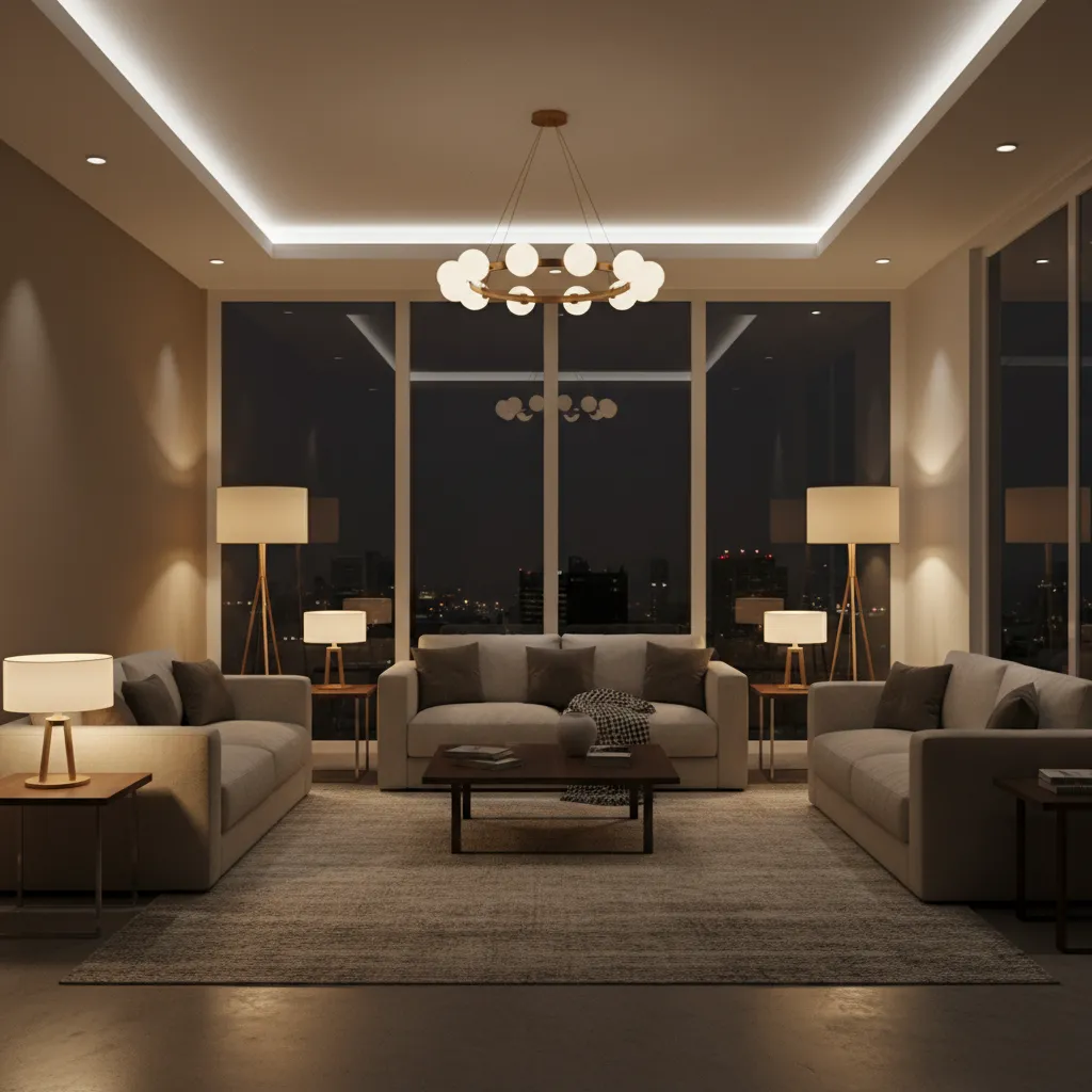 Modern living room with three beige sofas round ceiling light floor lamps and warm lighting
