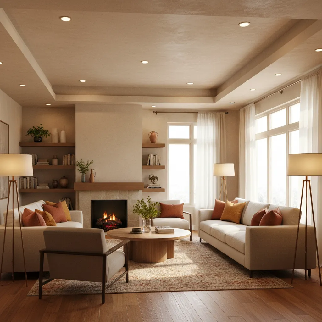 Warm living room featuring white sofas, fireplace, wooden coffee table, floor lamps, and natural light