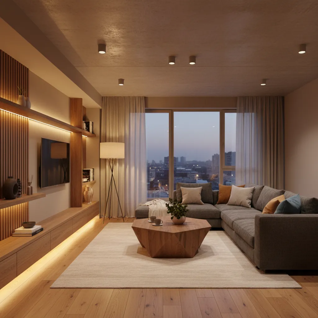 Sala moderna mostrando diferentes tipos de iluminación interior