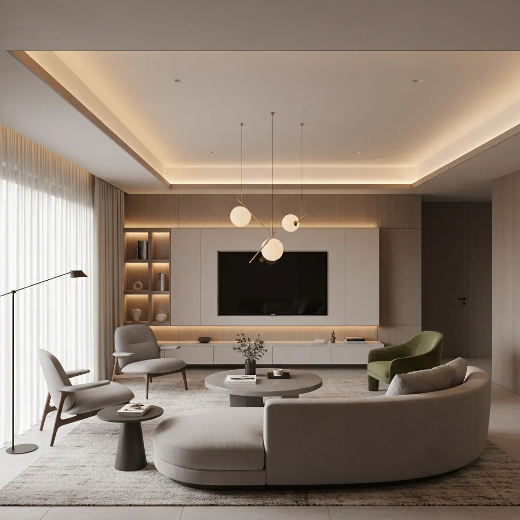 Modern living room with curved sofa coffee table ceiling light wall panel and television screen