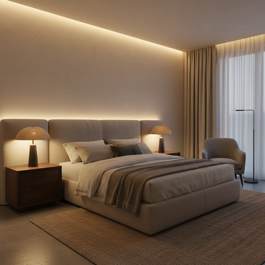 Dormitorio moderno con iluminación cálida e indirecta