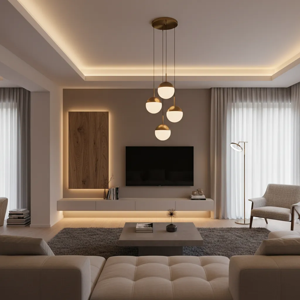 Salón con iluminación en capas: luz ambiental, puntual y decorativa