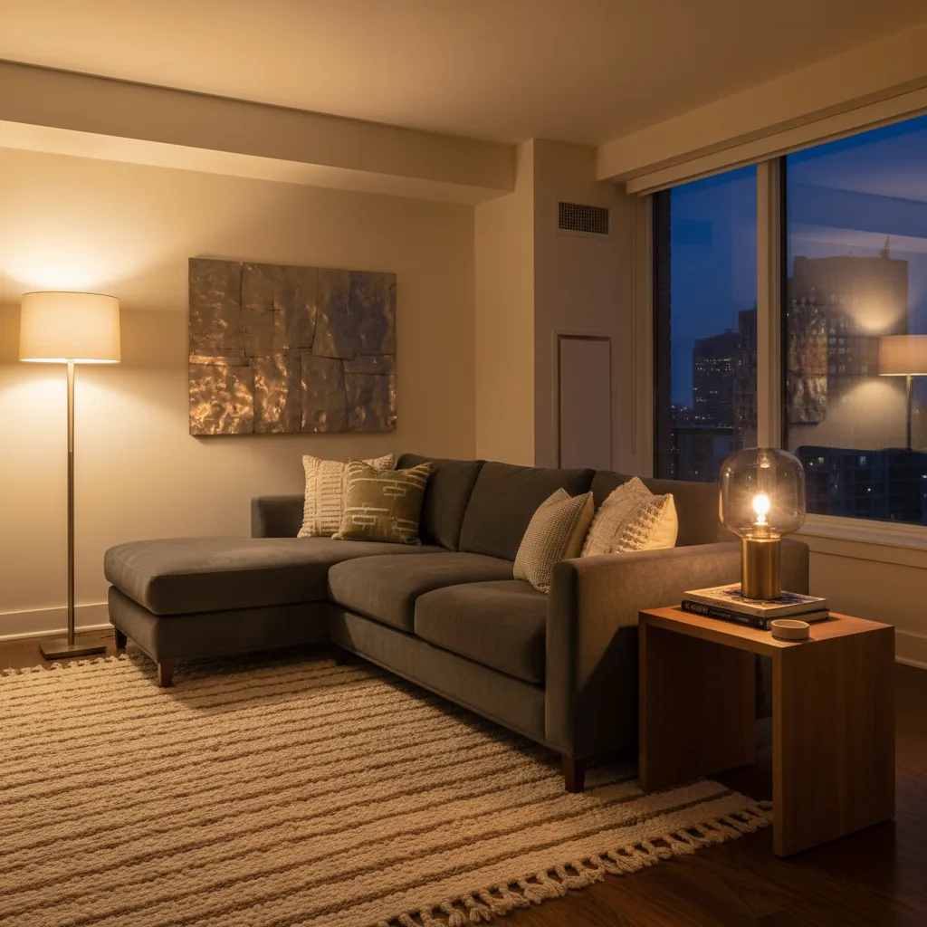 salón con iluminación en capas incluyendo lámparas de pie y luz ambiental