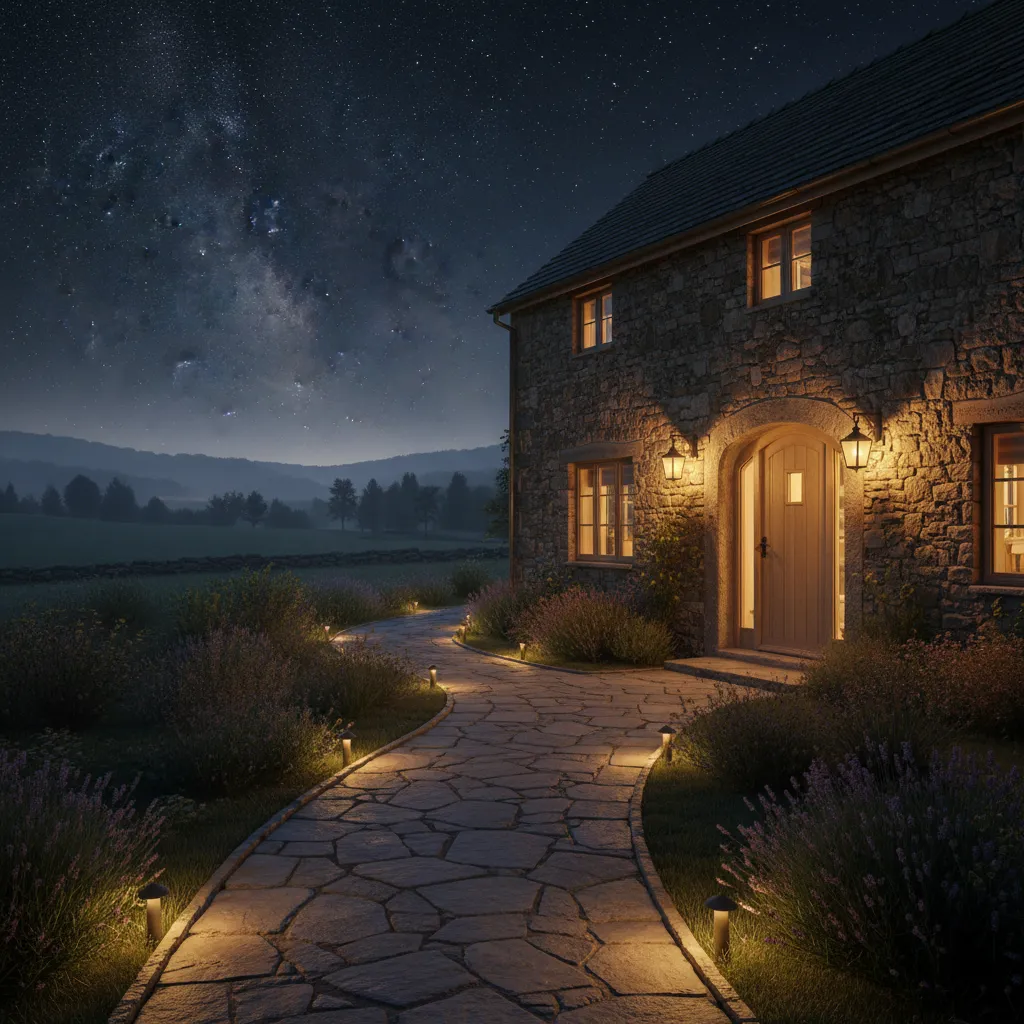 Entrada de casa de campo iluminada por la noche con luces cálidas