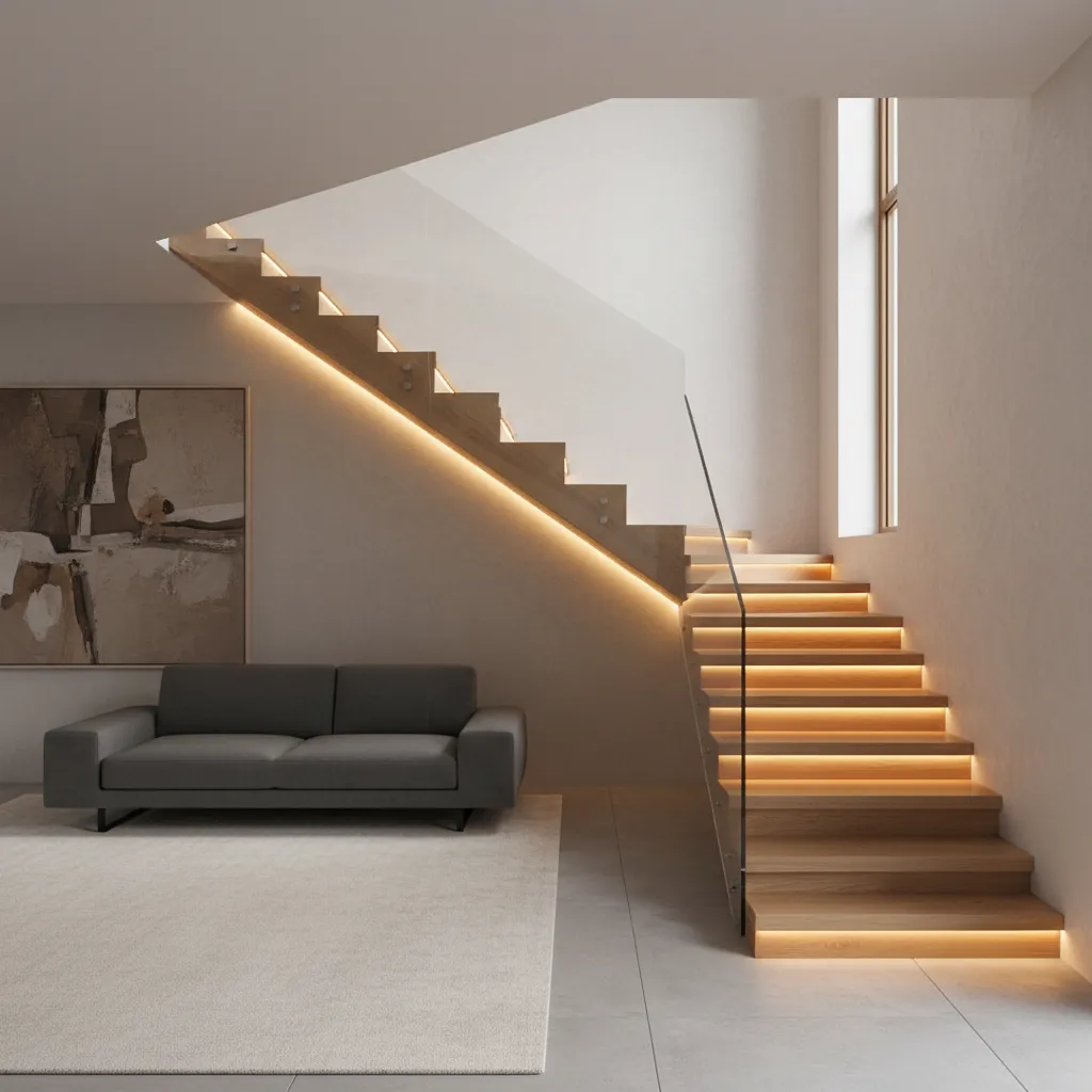 Escalera con iluminación LED en pared lateral